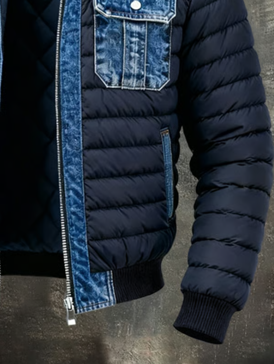 Thomas™ | Men’s Denim-Panel Puffer Jacket – Insulated Bomber-Style Winter Layer with Utility Pockets