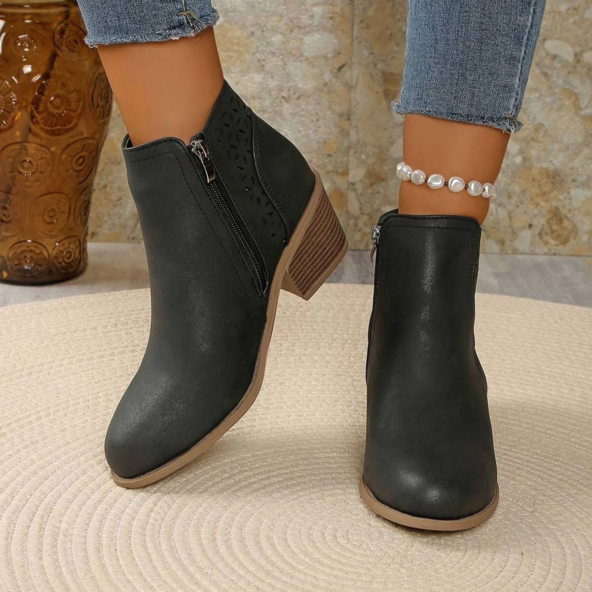 Lexy™ | Women's Orthopaedic Laser-Cut Block-Heel Ankle Boots, Black