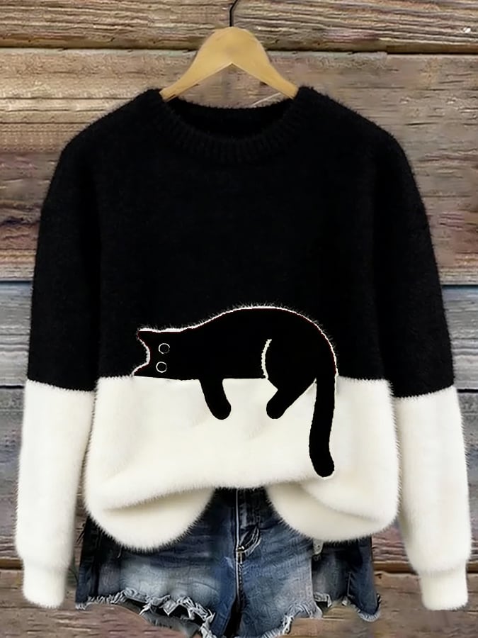 Lindsey - Cat Print Oversized British Sweater
