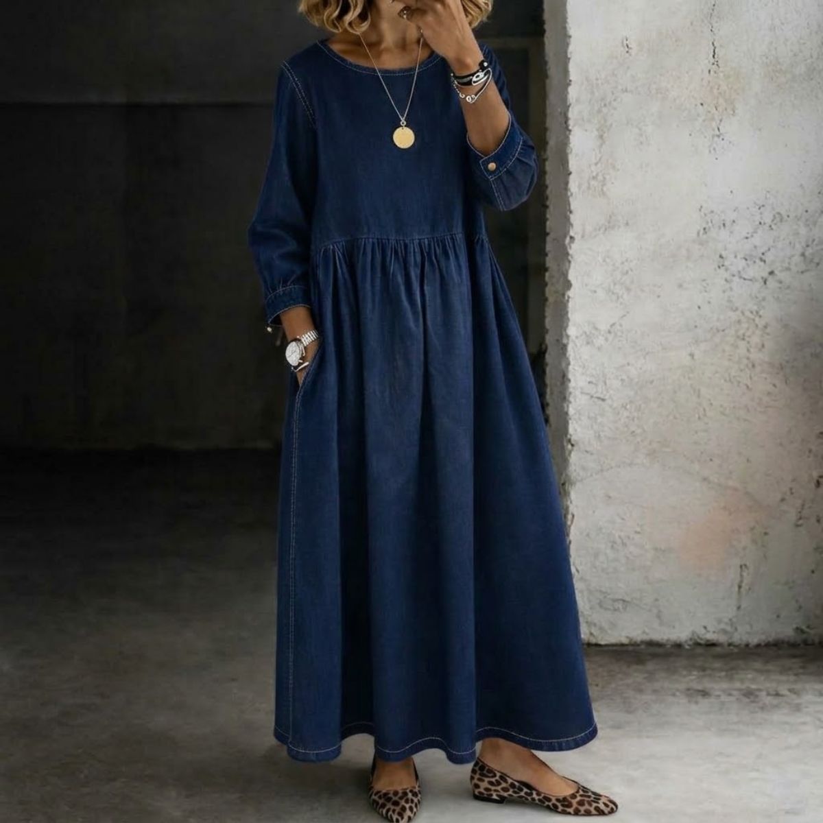 Jane | Vintage Denim-Look Maxi Dress