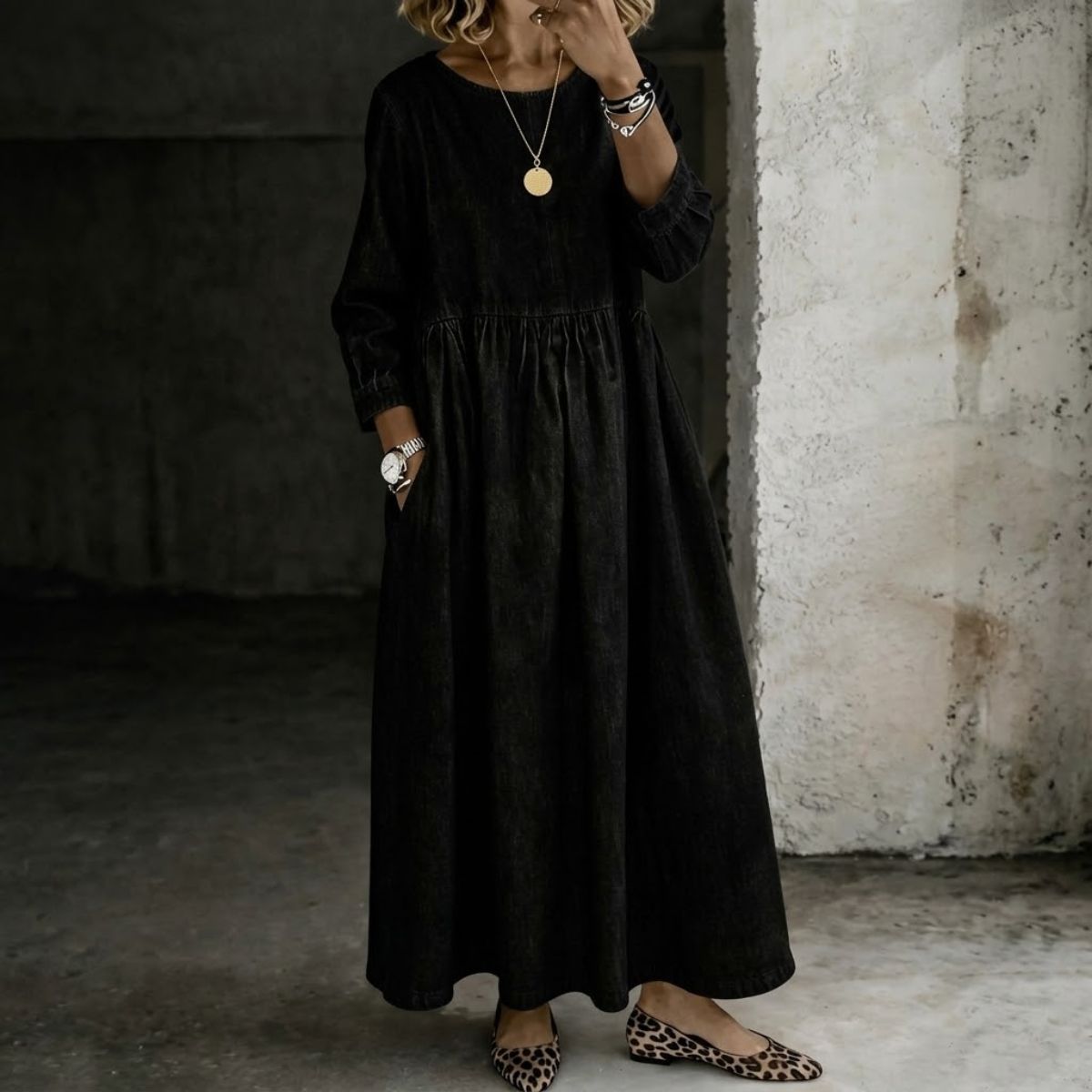Jane | Vintage Denim-Look Maxi Dress