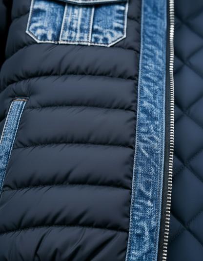 Thomas™ | Men’s Denim-Panel Puffer Jacket – Insulated Bomber-Style Winter Layer with Utility Pockets
