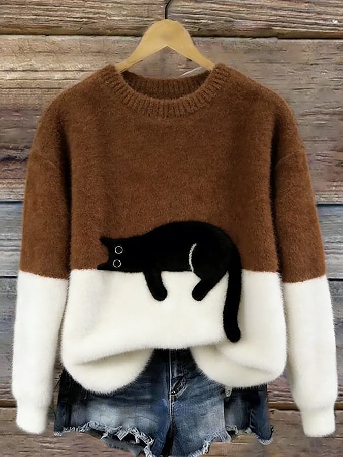 Lindsey - Cat Print Oversized British Sweater