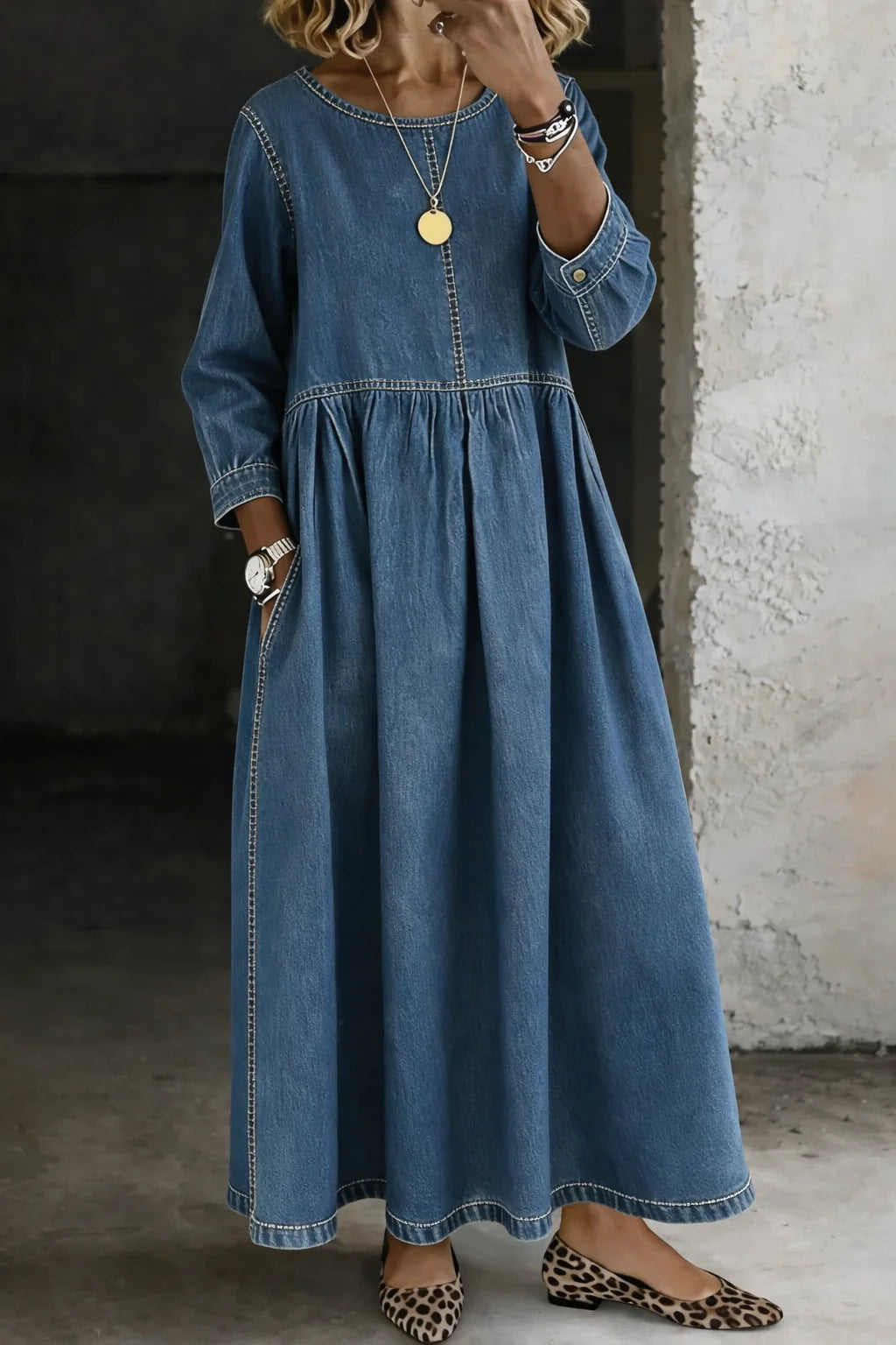 Jane | Vintage Denim-Look Maxi Dress