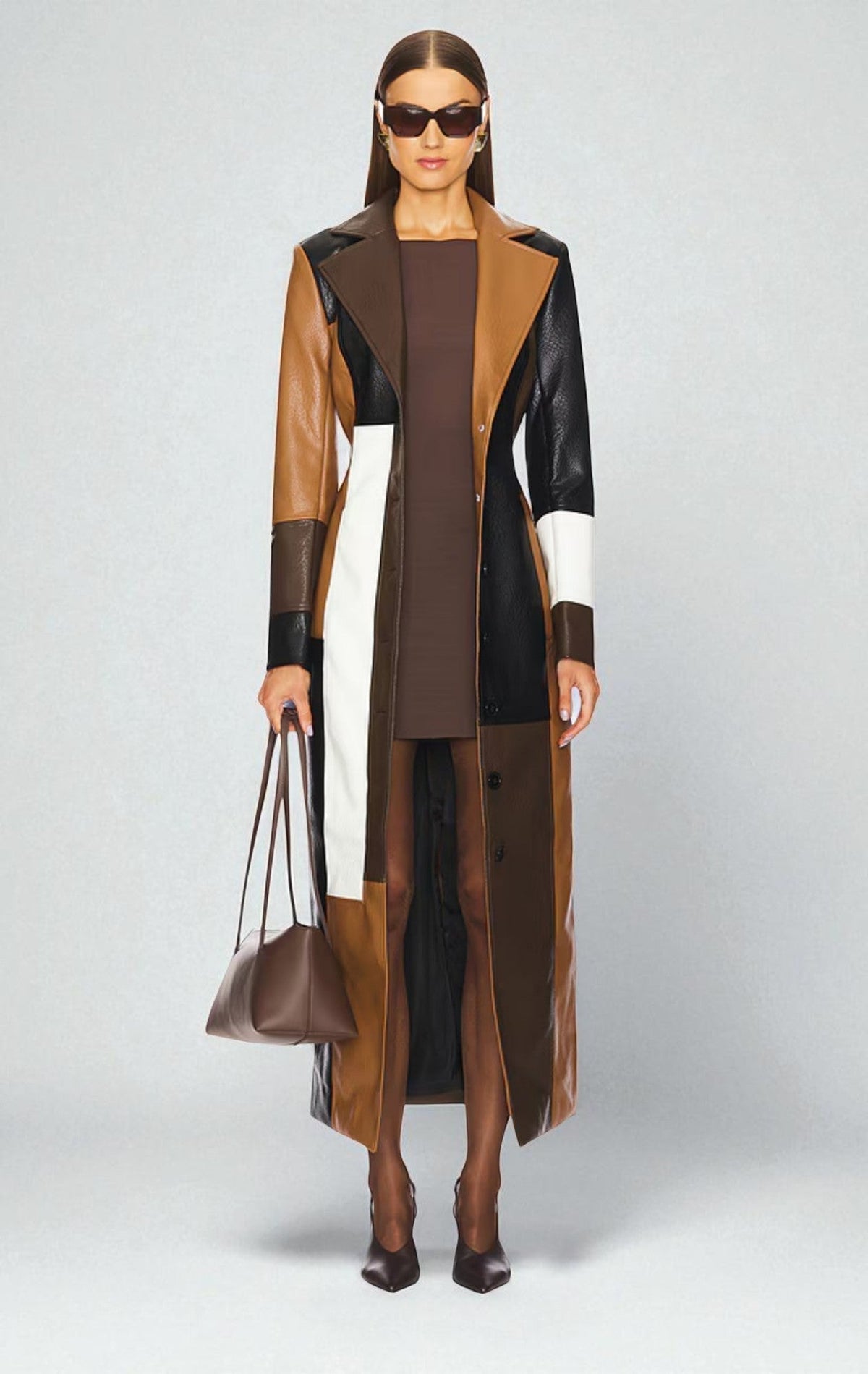 Emily Kensington™ | Longline Leather Belted Mosaic Coat