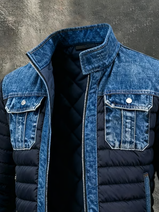 Thomas™ | Men’s Denim-Panel Puffer Jacket – Insulated Bomber-Style Winter Layer with Utility Pockets