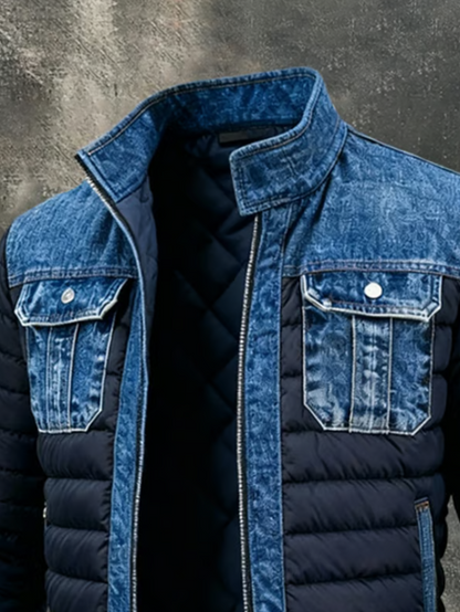 Thomas™ | Men’s Denim-Panel Puffer Jacket – Insulated Bomber-Style Winter Layer with Utility Pockets