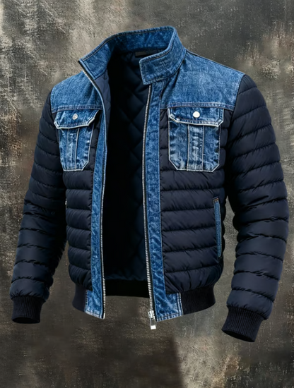 Thomas™ | Men’s Denim-Panel Puffer Jacket – Insulated Bomber-Style Winter Layer with Utility Pockets
