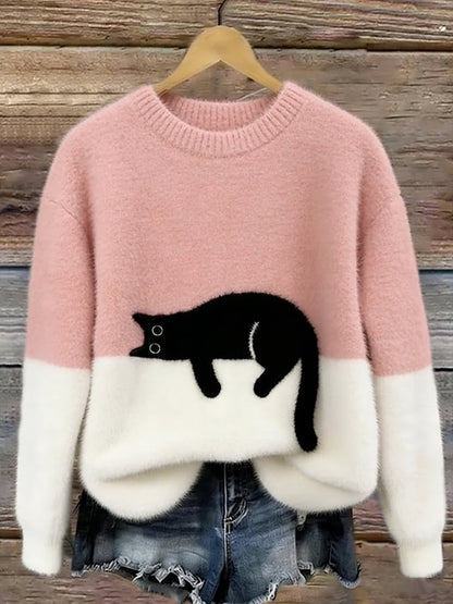 Lindsey - Cat Print Oversized British Sweater