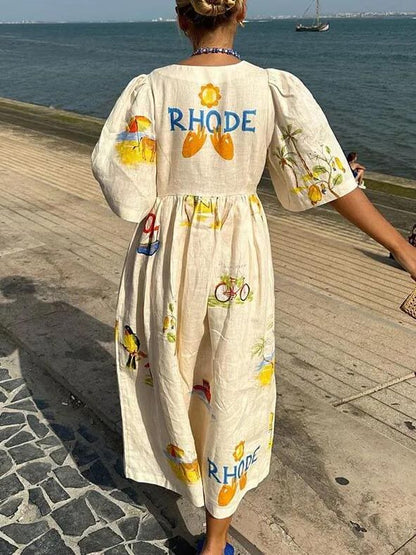 Folk Floral Print Unique Holiday Puff Sleeve Midi Dress