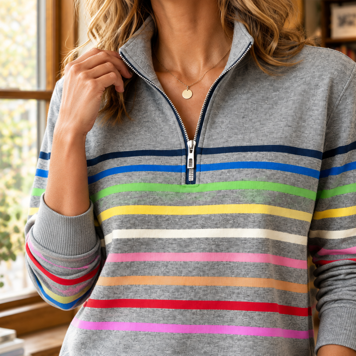 Leanna™ | Oxford Striped Quarter Zip Sweater