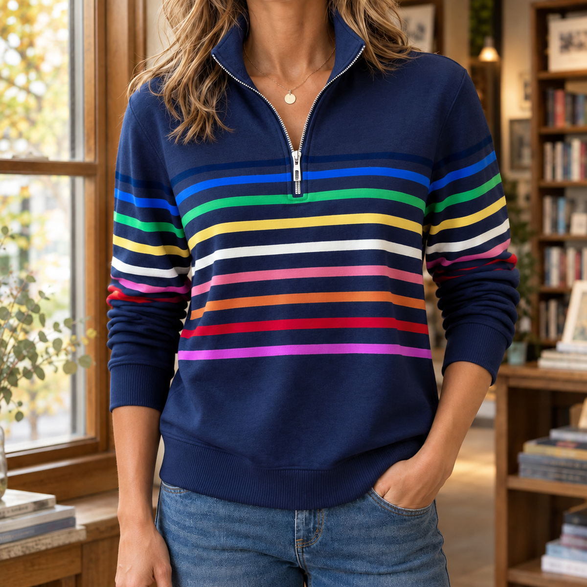 Leanna™ | Oxford Striped Quarter Zip Sweater