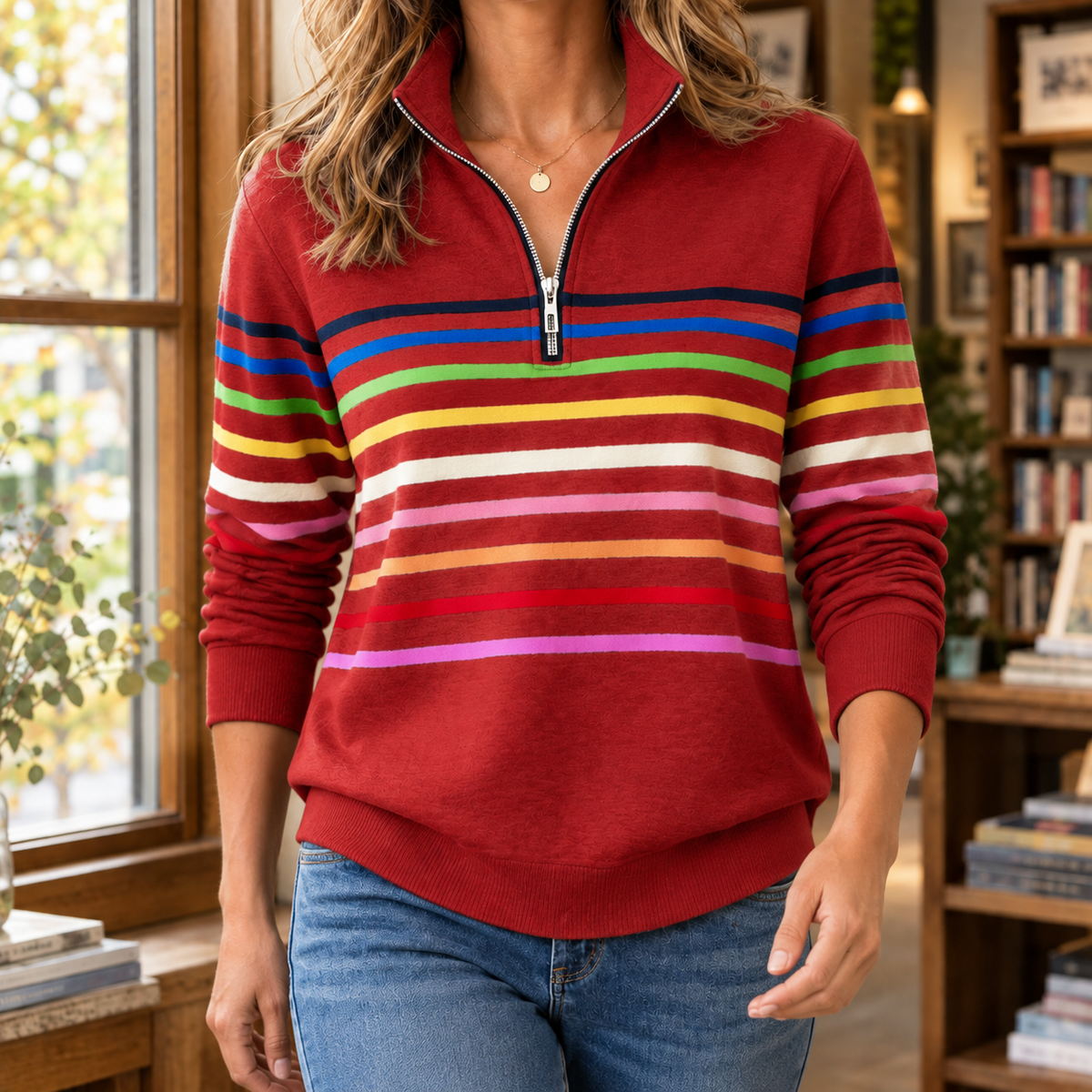 Leanna™ | Oxford Striped Quarter Zip Sweater