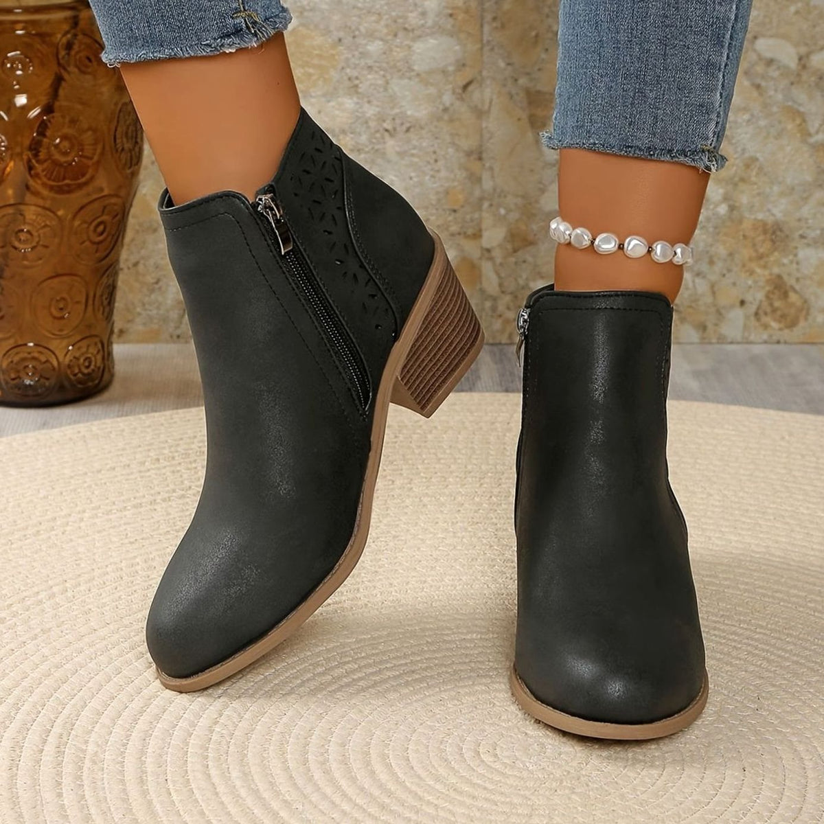Lexy™ | Women's Orthopaedic Laser-Cut Block-Heel Ankle Boots, Black