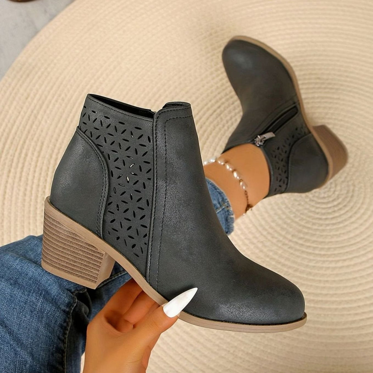 Lexy™ | Women's Orthopaedic Laser-Cut Block-Heel Ankle Boots, Black