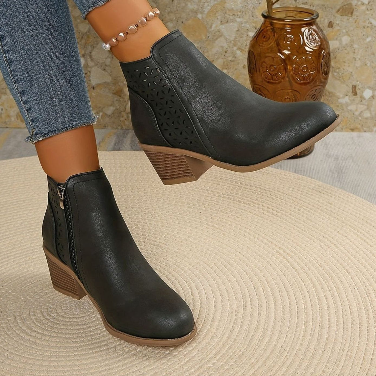 Lexy™ | Women's Orthopaedic Laser-Cut Block-Heel Ankle Boots, Black