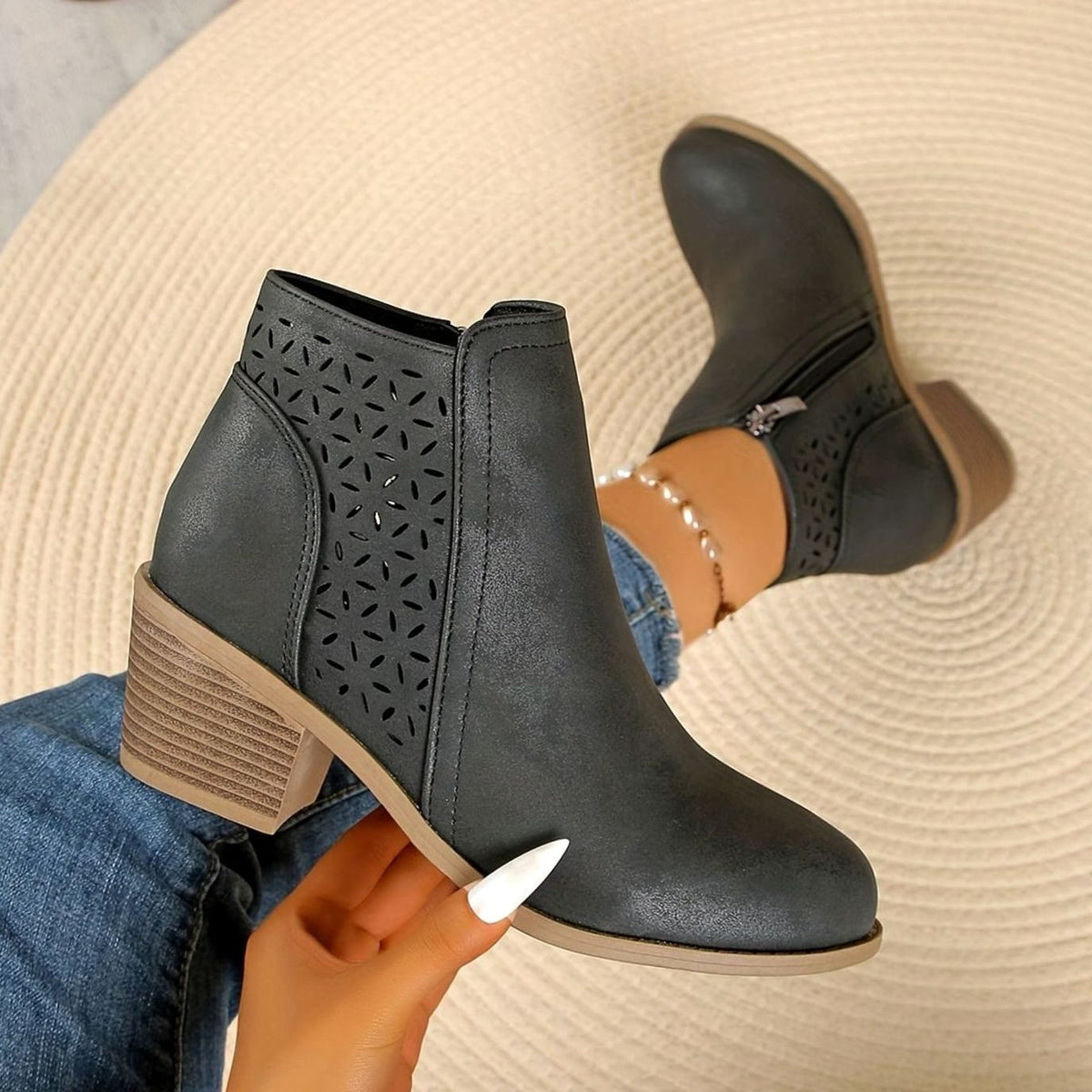 Lexy™ | Women's Orthopaedic Laser-Cut Block-Heel Ankle Boots, Black